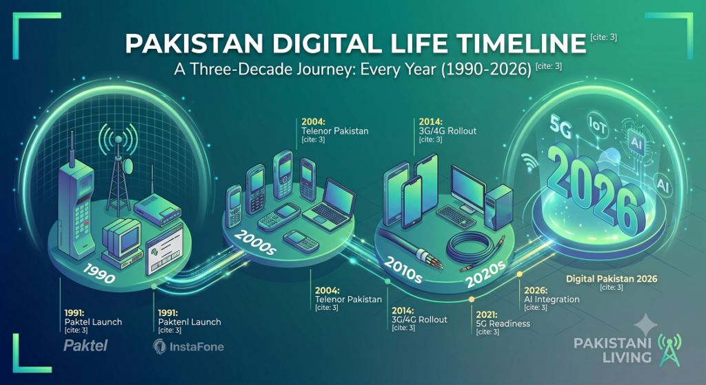 Pakistan Digital Life Timeline – Every Year from 1990 to 2026